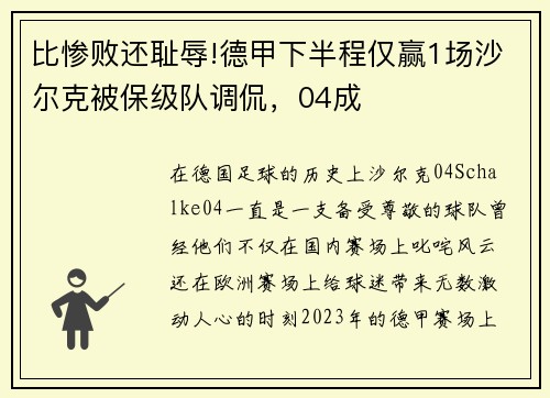 比惨败还耻辱!德甲下半程仅赢1场沙尔克被保级队调侃，04成