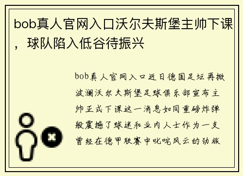 bob真人官网入口沃尔夫斯堡主帅下课，球队陷入低谷待振兴