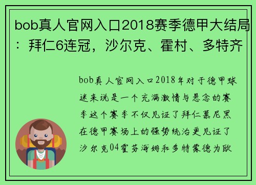 bob真人官网入口2018赛季德甲大结局：拜仁6连冠，沙尔克、霍村、多特齐进欧冠 - 副本 - 副本